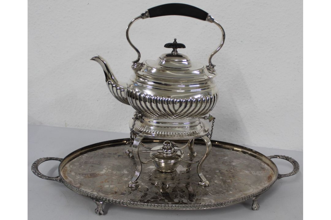 Viners silver plated tray 56cm x 28cm and EPNS spirit kettle on stand with burner, removable base - Image 1 of 4