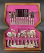 Boxed half canteen of kings pattern silver plate cutlery with additional cutlery in a wooden box,