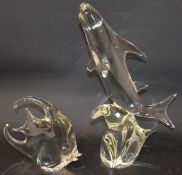 2 crystal sculptures - large Murano glass shark on wave measuring 45cm h signed by Licio Zanetti and