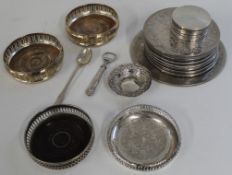 Small silver bonbon dish, 2 silver wine bottle coasters London 1971, queens pattern serving spoon,