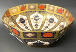 Large Royal Crown Derby Imari pattern 1128 octagonal bowl, there is a light scratch to the back