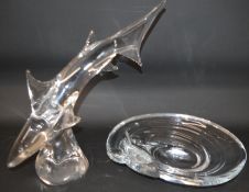 Two crystal sculptures, shark on pedestal by Vilca 42cm tall and crystal dish unsigned 37cm wide