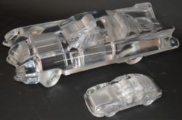 2 crystal car sculptures, Hofbauer designed Porsche 911 and a large American design - no markings