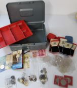 Cash box with key, and assorted currency, to include George III penny, 1986 £20 coin, 1944,1955,