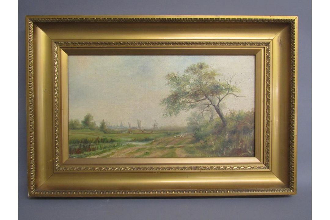 Framed C F Rump oil on canvas with windmills, boats and sheep on a country lane - approx. 62cm x - Image 2 of 6