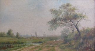 Framed C F Rump oil on canvas with windmills, boats and sheep on a country lane - approx. 62cm x