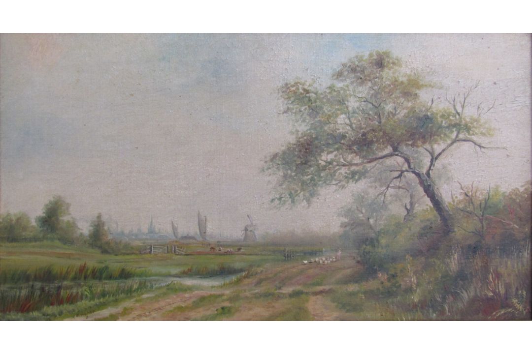 Framed C F Rump oil on canvas with windmills, boats and sheep on a country lane - approx. 62cm x - Image 1 of 6