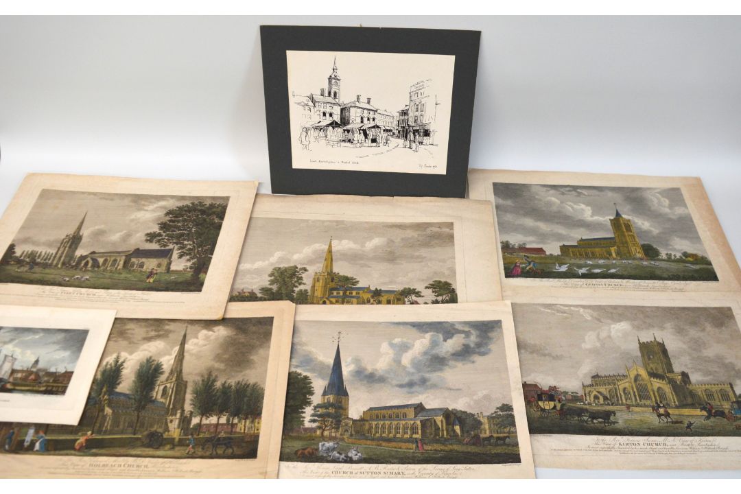 Selection of unframed 19th century hand-coloured Lincolnshire prints: Church of Sutton St Mary
