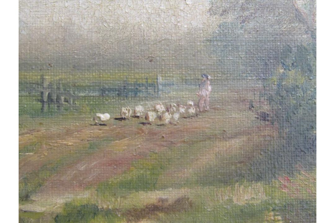 Framed C F Rump oil on canvas with windmills, boats and sheep on a country lane - approx. 62cm x - Image 4 of 6