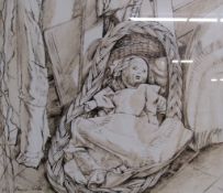 Framed watercolour signed '49 Ronald Honton depicting doll in bassinet - approx. 58cm x 49.5cm