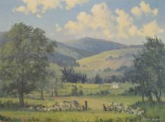 Clive Browne oil on canvas depicting hilly landscape with farmhouse, 72cm x 56.5cm