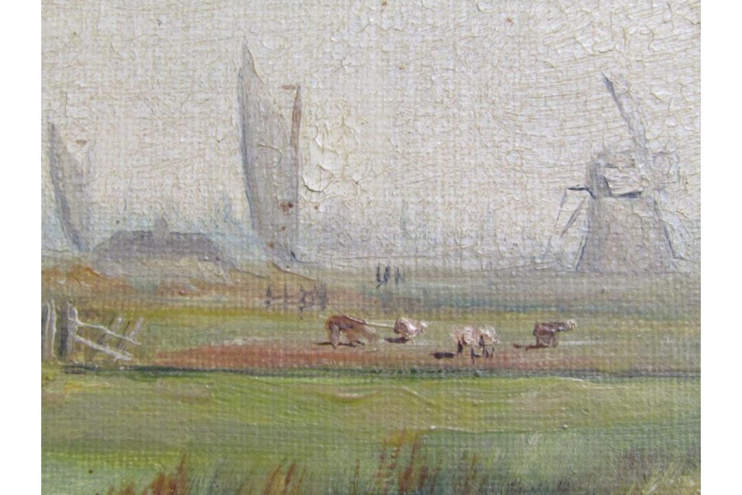 Framed C F Rump oil on canvas with windmills, boats and sheep on a country lane - approx. 62cm x - Image 5 of 6