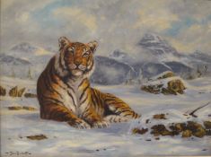 John Trickett (B. 1953) oil on canvas depicting reclining Siberian tiger 67cm x 52cm