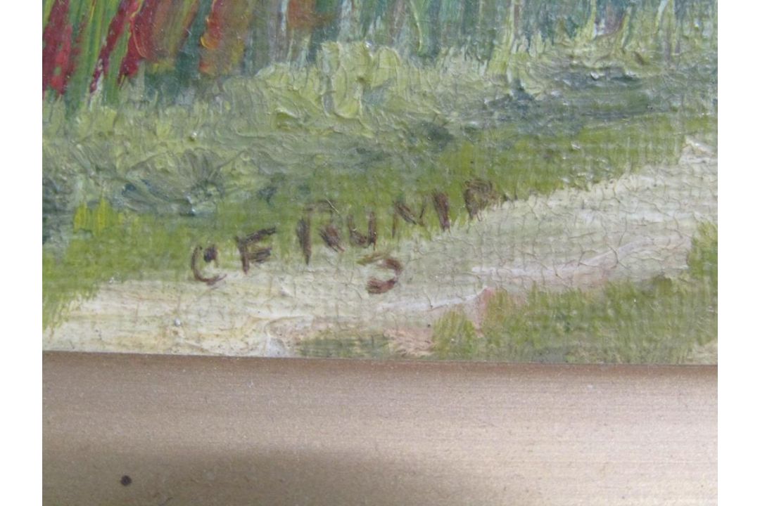 Framed C F Rump oil on canvas with windmills, boats and sheep on a country lane - approx. 62cm x - Image 3 of 6