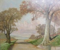Framed David Mead F.C.I.A.D oil on board 'Road to the sea near Weymouth' - approx. 70cm x 60cm