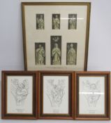 Framed set of six black and stone-coloured wash drawings of the 6 surviving sculptured figures in