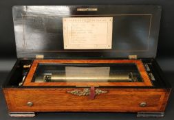 19th century Swiss rosewood & ebonised inlaid cylinder musical box, plays 8 airs, with retailers