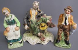 Capodimonte figure of a man on the bench and man and woman spill vases