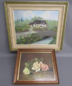 Framed oil on board thatched cottage on a country lane signed BM Ablott 66cm x 56cm & roses, no