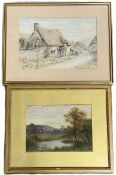 Two watercolurs of a village street scene with cottages & a landscape with a river in the