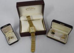 Rotary mens electro gold plated quartz watch, plus matching gold coloured tie pin and cufflinks