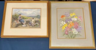 Myles Birket Foster print & a pastel of flowers