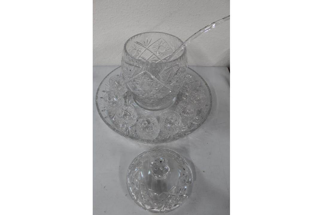 Cut glass punch bowl with ladle and eleven single handled matching glasses on cut glass tray. - Image 2 of 2