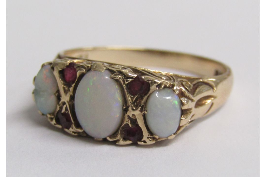 9ct gold opal and ruby ring - ring size O/P - total weight 3.3g (slight damage to 2 opals) - Image 1 of 9