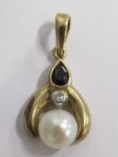 9ct gold pendant set with sapphire diamond and pearl - approx. 2.5cm