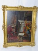 Oil on board, 19th century drawing room scene,