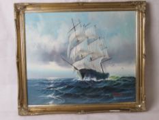 Oil on canvas, sail ship on choppy seas, signed.