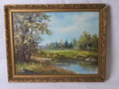 Oil on canvas, river with trees beyond, signed lower right, frame a/f.