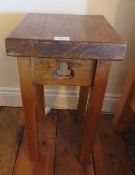 A solid pine square shaped side table with trefoil decoration, 30 x 30 x 56cm.