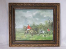 Oil on canvas, contemporary hunting scene, huntsman with hounds at foot,