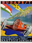 A pop art style motor racing print 'Budapest 1936', 8.3x11.7 inches (A4).