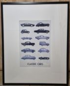 Vintage cars poster, framed and glazed.