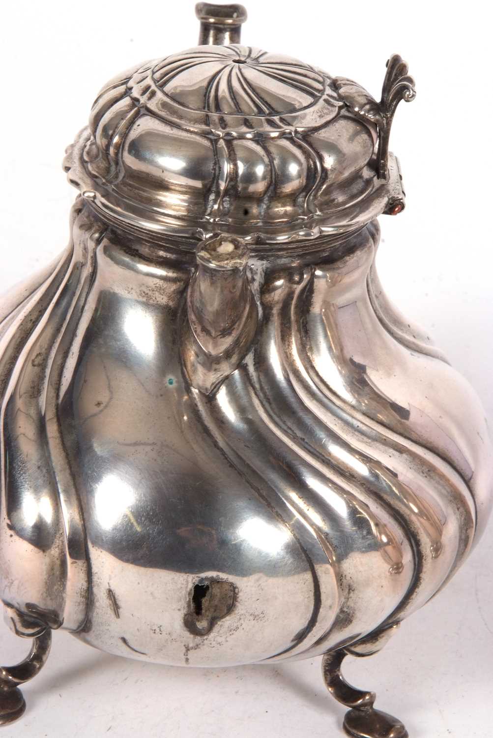 A 19th Century German white metal tea set comprising a large coffee pot, teapot, hot water kettle, - Image 9 of 9