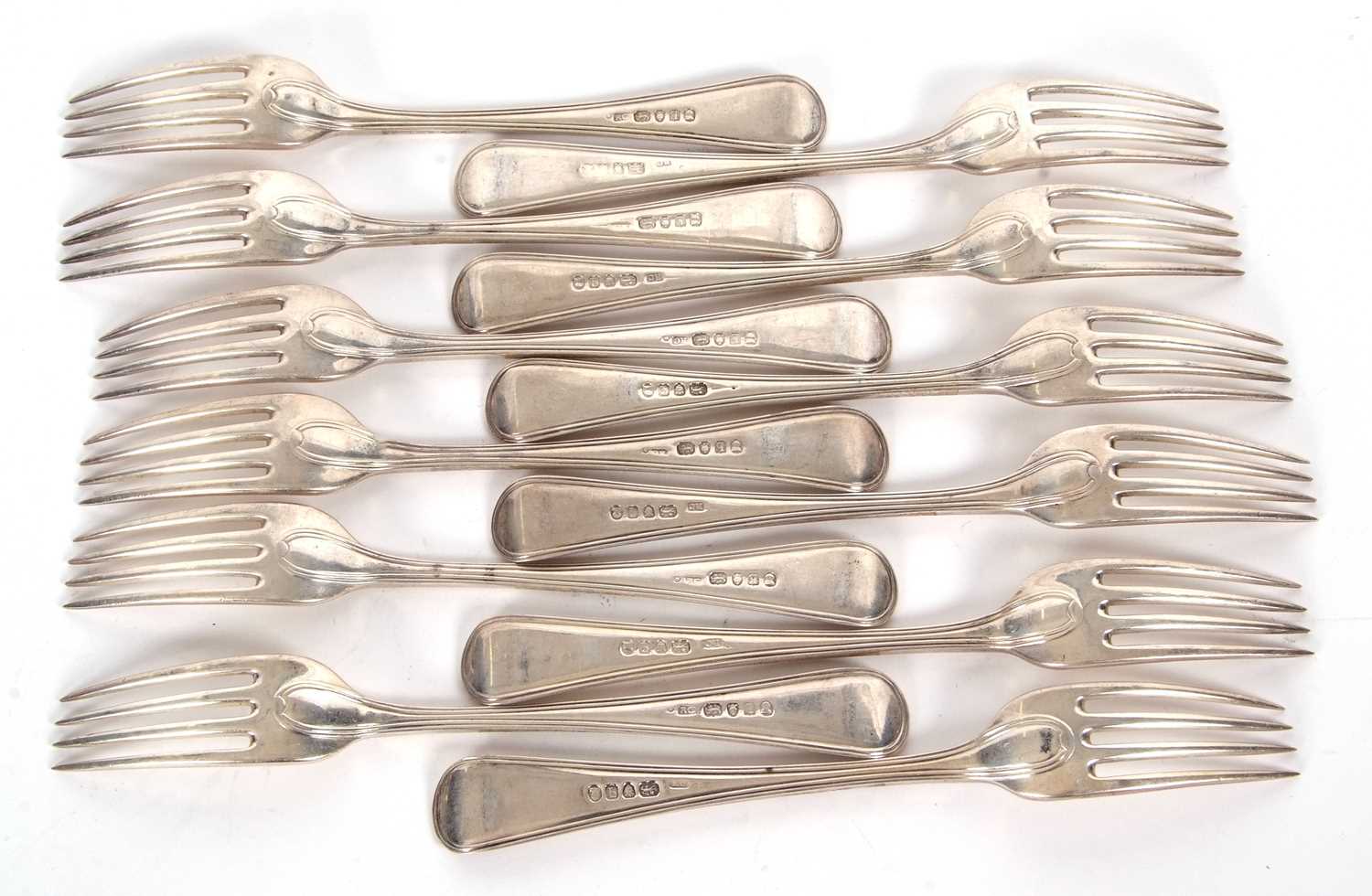 Twelve George III thread pattern double struck thread pattern table forks, 890gms - Image 2 of 3