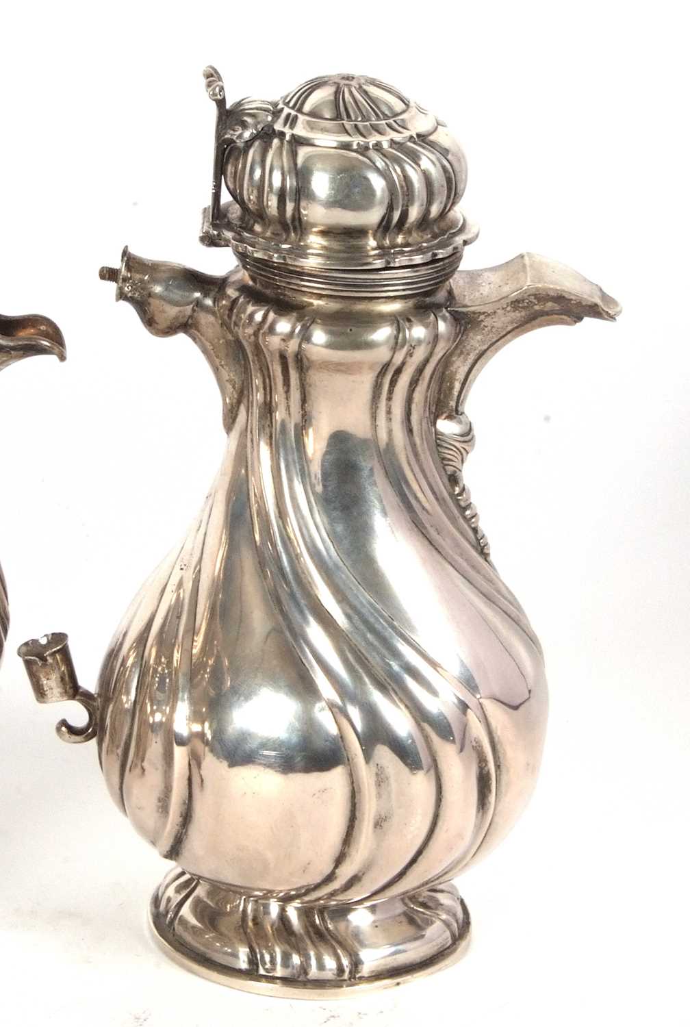 A 19th Century German white metal tea set comprising a large coffee pot, teapot, hot water kettle, - Image 5 of 9