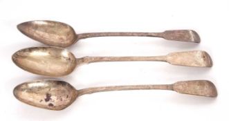 Three Georgian fiddle pattern basting spoons, one initialled, two hallmarked for London 1824, makers