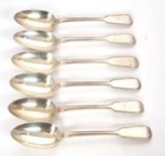 Six Victorian silver table spoons, fiddle and thread pattern, hallmarked for London 1854, two with