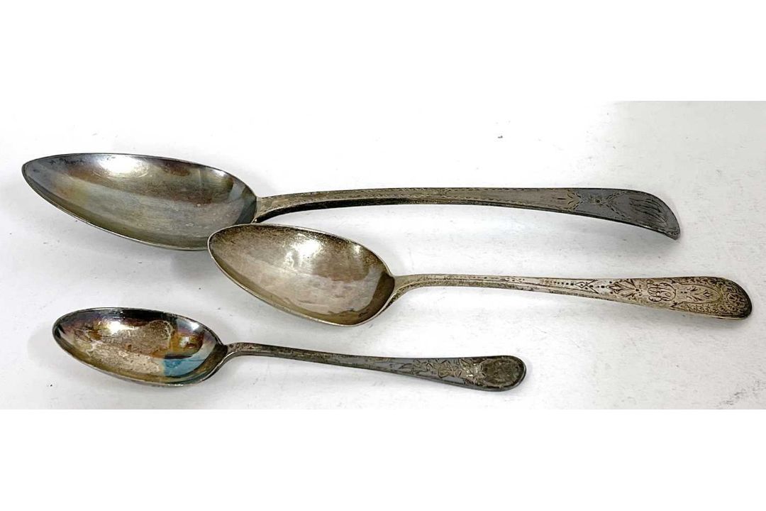 Mixed Lot: A George III silver tablespoon, bright cut decoration engraved with initials, - Image 1 of 3