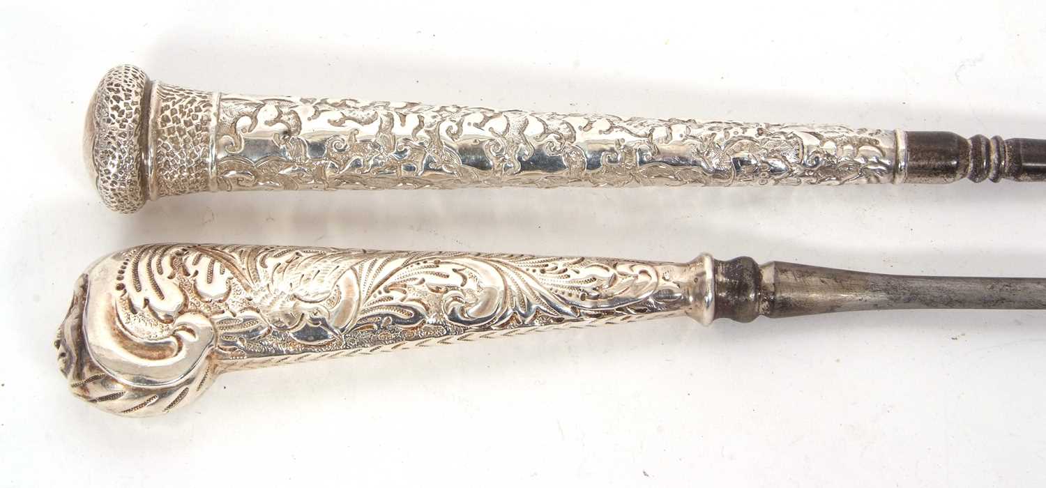 Two Victorian long handled button hooks, one with the handle in the form of a walking cane handle, - Image 2 of 3