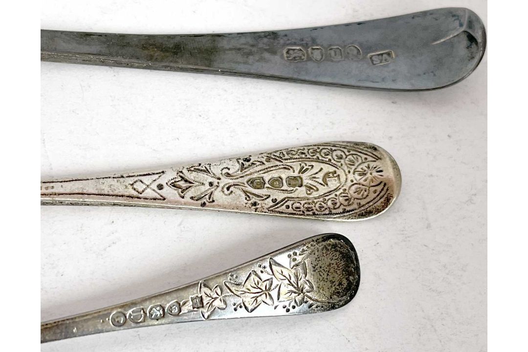Mixed Lot: A George III silver tablespoon, bright cut decoration engraved with initials, - Image 3 of 3