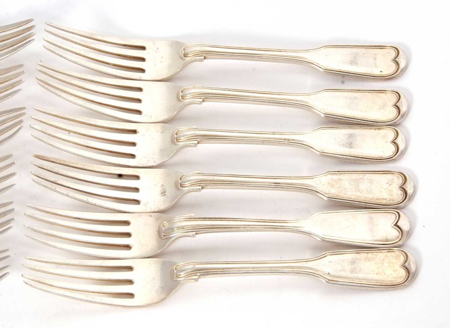 Eleven Victorian silver dessert forks, fiddle and thread pattern, hallmarked London 1845, makers - Image 3 of 4