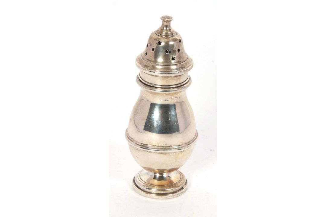 A George V silver caster of plain baluster form, pull off pierced lid and supported on a spreading - Image 2 of 2