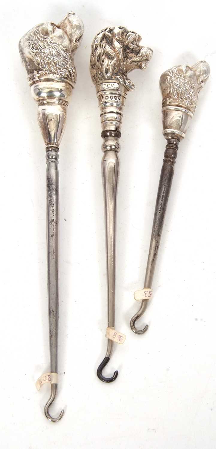 A group of three button hooks to include a Victorian silver mounted novelty "dog" button hook, - Image 2 of 3
