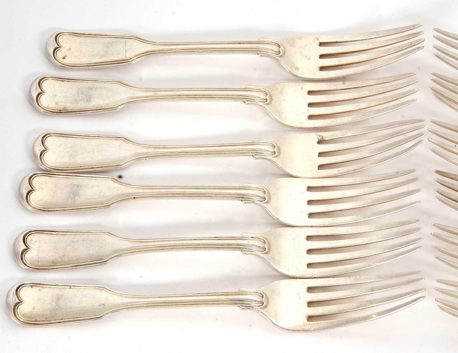 Eleven Victorian silver dessert forks, fiddle and thread pattern, hallmarked London 1845, makers - Image 2 of 4