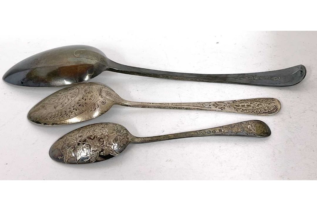 Mixed Lot: A George III silver tablespoon, bright cut decoration engraved with initials, - Image 2 of 3