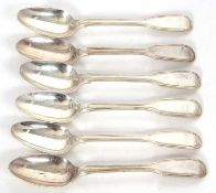 Six Victorian silver teaspoons, fiddle and thread pattern, various dates and makers, 203gms